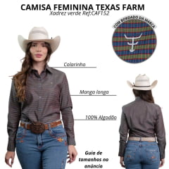 Camisa Feminina Texas Farm Manga Longa Xadrez Verde E Vermelho Com Logo Bordado Branco Ref:CAF152