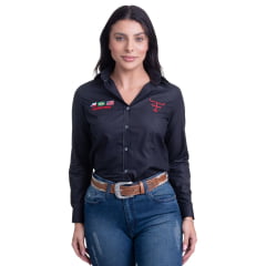 Camisa Feminina Texas Farm Para Competição Manga Longa Preto Com Bordado Vermelho - Ref.CAP007