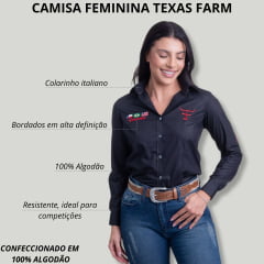 Camisa Feminina Texas Farm Para Competição Manga Longa Preto Com Bordado Vermelho - Ref.CAP007