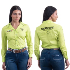 Camisa Feminina Texas Farm Para Competição Manga Longa Verde Limão com Bordado Preto - Ref.CAP007
