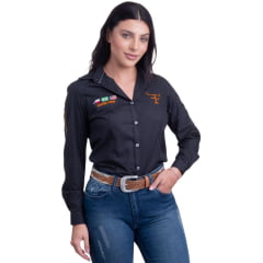 Camisa Feminina Texas Farm Preta Manga Longa De Competição Com Bordados em Laranja Neon Ref.CAP007