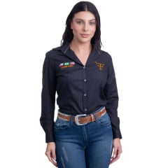 Camisa Feminina Texas Farm Preta Manga Longa De Competição Com Bordados em Laranja Neon Ref.CAP007