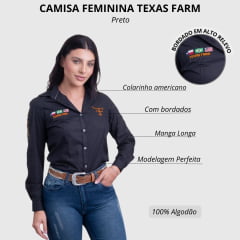 Camisa Feminina Texas Farm Preta Manga Longa De Competição Com Bordados em Laranja Neon Ref.CAP007