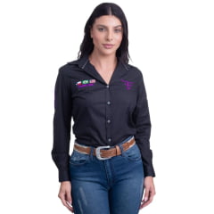 Camisa Feminina Texas Farm Preta Manga Longa De Competição Com Bordados em Pink Ref.CAP007