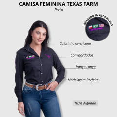 Camisa Feminina Texas Farm Preta Manga Longa De Competição Com Bordados em Pink Ref.CAP007