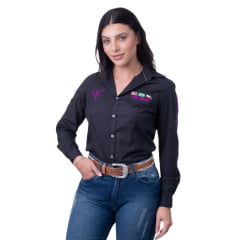 Camisa Feminina Texas Farm Preta Manga Longa De Competição Com Bordados em Pink Ref.CAP007