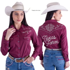 Camisa Feminina Texas Farm Vermelho Vinho Manga Longa Bordada R. CAF124