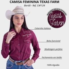 Camisa Feminina Texas Farm Vermelho Vinho Manga Longa Bordada R. CAF124