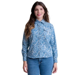 Camisa Feminina Texas Farm Western Patterned Tecido Azul Jeans Mesclado Com Bolso manga Longa Bordado Branco Ref: CAF158