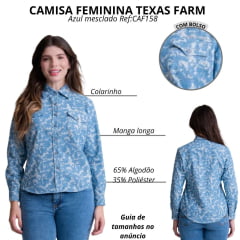 Camisa Feminina Texas Farm Western Patterned Tecido Azul Jeans Mesclado Com Bolso manga Longa Bordado Branco Ref: CAF158
