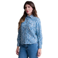 Camisa Feminina Texas Farm Western Patterned Tecido Azul Jeans Mesclado Com Bolso manga Longa Bordado Branco Ref: CAF158