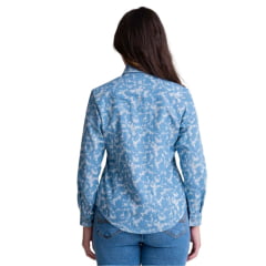 Camisa Feminina Texas Farm Western Patterned Tecido Azul Jeans Mesclado Com Bolso manga Longa Bordado Branco Ref: CAF158