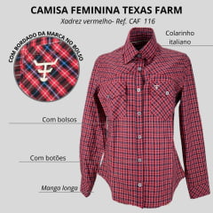 Camisa Feminina Texas Farm Xadrez Vermelho Com Listras Azul Manga Longa Ref: CAF 116