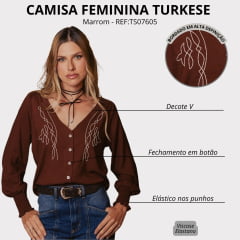 Camisa Feminina Turkese El Paso Marrom Manga Longa Decote V Bordado Branco REF:TS07605
