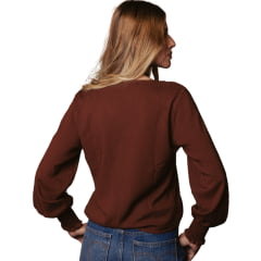 Camisa Feminina Turkese El Paso Marrom Manga Longa Decote V Bordado Branco REF:TS07605