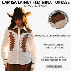Camisa Feminina Turkese Lainey Manga Longa Off White Marrom Bordado Tachinhas Dourado Velho Ref:TS06606