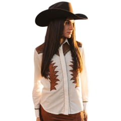 Camisa Feminina Turkese Lainey Manga Longa Off White Marrom Bordado Tachinhas Dourado Velho Ref:TS06606