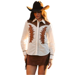 Camisa Feminina Turkese Lainey Manga Longa Off White Marrom Bordado Tachinhas Dourado Velho Ref:TS06606 Camisa Feminina Turkese Lainey Manga Longa Off White Marrom Bordado Tachinhas Dourado Velho Ref:TS06606