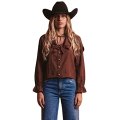 Camisa Feminina Turkese Sienna Brown Manga Longa Marrom Babados Botões Dourados Ref:TS06605 Camisa Feminina Turkese Sienna Brown Manga Longa Marrom Babados Botões Dourados Ref:TS06605