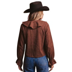 Camisa Feminina Turkese Sienna Brown Manga Longa Marrom Babados Botões Dourados Ref:TS06605