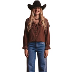 Camisa Feminina Turkese Sienna Brown Manga Longa Marrom Babados Botões Dourados Ref:TS06605