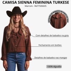 Camisa Feminina Turkese Sienna Brown Manga Longa Marrom Babados Botões Dourados Ref:TS06605