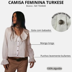 Camisa Feminina Turkese Sienna Manga Longa Branco Babados Ref: TS04608