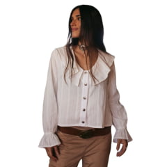 Camisa Feminina Turkese Sienna Manga Longa Branco Babados Ref: TS04608