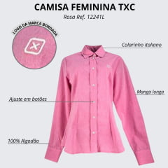 Camisa Feminina TXC Custom Manga Longa Rosa Bordado Branco - Ref: 12241L