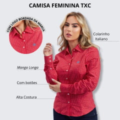 Camisa Feminina TXC Custom Manga Xadrez Vermelho Branco Com Bordado Logo Azul Claro Ref: 12070L