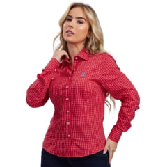 Camisa Feminina TXC Custom Manga Xadrez Vermelho Branco Com Bordado Logo Azul Claro Ref: 12070L