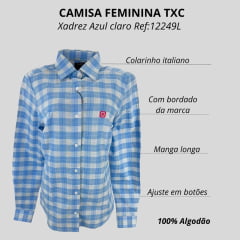 Camisa Feminina TXC Manga Longa Custom Slim Xadrez Azul Claro/Branca Com Logo Bordada Em Rosa Ref:12249L