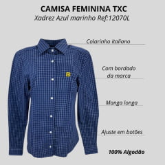 Camisa Feminina TXC Manga Longa Custom Xadrez Azul Marinho/Branco Com Logo Bordada Amarelo Ref:12070L