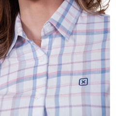 Camisa Feminina TXC Manga Longa Slim Custom Xadrez Branco/Azul Claro/Rosa Bordado Logo Azul Marinho REF: 12260L