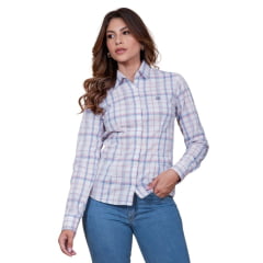 Camisa Feminina TXC Manga Longa Slim Custom Xadrez Branco/Azul Claro/Rosa Bordado Logo Azul Marinho REF: 12260L