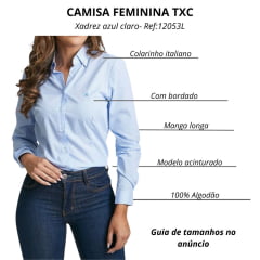 Camisa Feminina TXC Manga Longa Slim Tricoline Xadrez Pequeno Azul Claro Com Bordado Azul Claro Ref:12053L