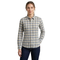 Camisa Feminina TXC Manga Longa Slim Viscolinho Bordado Xadrez Azul Claro Manchado Ref:12396L