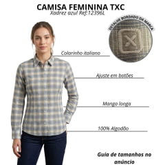 Camisa Feminina TXC Manga Longa Slim Viscolinho Bordado Xadrez Azul Claro Manchado Ref:12396L