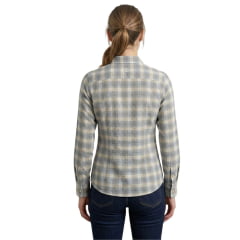 Camisa Feminina TXC Manga Longa Slim Viscolinho Bordado Xadrez Azul Claro Manchado Ref:12396L