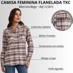 Camisa Feminina TXC Regular Flanelado Manga Longa Xadrez Marrom/Bege E Laranja Logo Marrom Ref:12381L