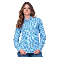 Camisa Feminina TXC Slim Custom Manga Longa Xadrez Azul/Branco Com logo Bordada Em Branco REF: 12264L