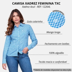 Camisa Feminina TXC Slim Custom Manga Longa Xadrez Azul/Branco Com logo Bordada Em Branco REF: 12264L