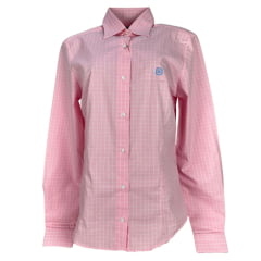 Camisa Feminina TXC Slim Tricoline Xadrez Rosa Manga Longa Com Logo Bordado Azul Claro Ref:12070L