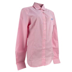 Camisa Feminina TXC Slim Tricoline Xadrez Rosa Manga Longa Com Logo Bordado Azul Claro Ref:12070L