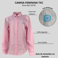 Camisa Feminina TXC Slim Tricoline Xadrez Rosa Manga Longa Com Logo Bordado Azul Claro Ref:12070L
