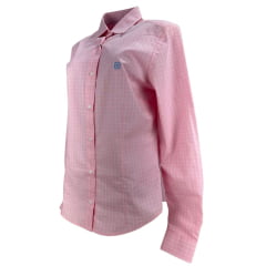 Camisa Feminina TXC Slim Tricoline Xadrez Rosa Manga Longa Com Logo Bordado Azul Claro Ref:12070L