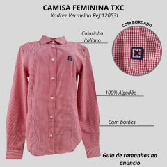 Camisa Feminina TXC Slim Tricoline Xadrez Vermelho Manga Longa Com Bordado Azul Ref:12053L