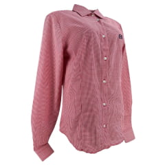 Camisa Feminina TXC Slim Tricoline Xadrez Vermelho Manga Longa Com Bordado Azul Ref:12053L