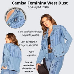 Camisa Feminina West Dust Jeans Claro Manga Longa Yone Com Bordado e Franja Ref 29408
