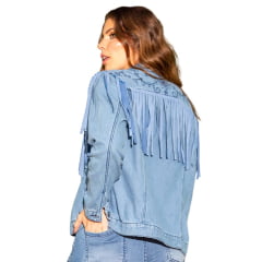 Camisa Feminina West Dust Jeans Claro Manga Longa Yone Com Bordado e Franja Ref 29408